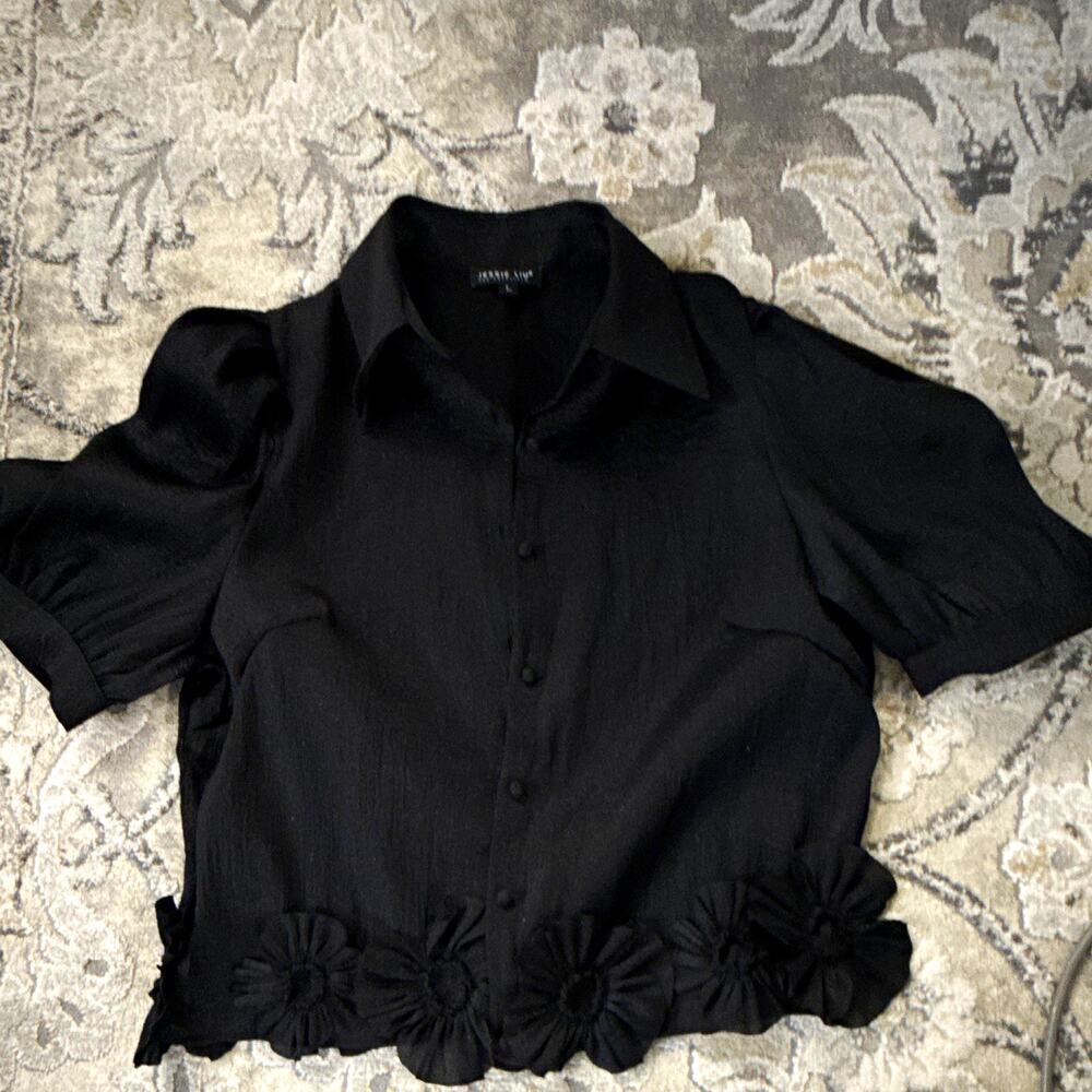 Jessie Liu Women’s Black Puff Sleeve Collared Button-Up Blouse L Floral Hem